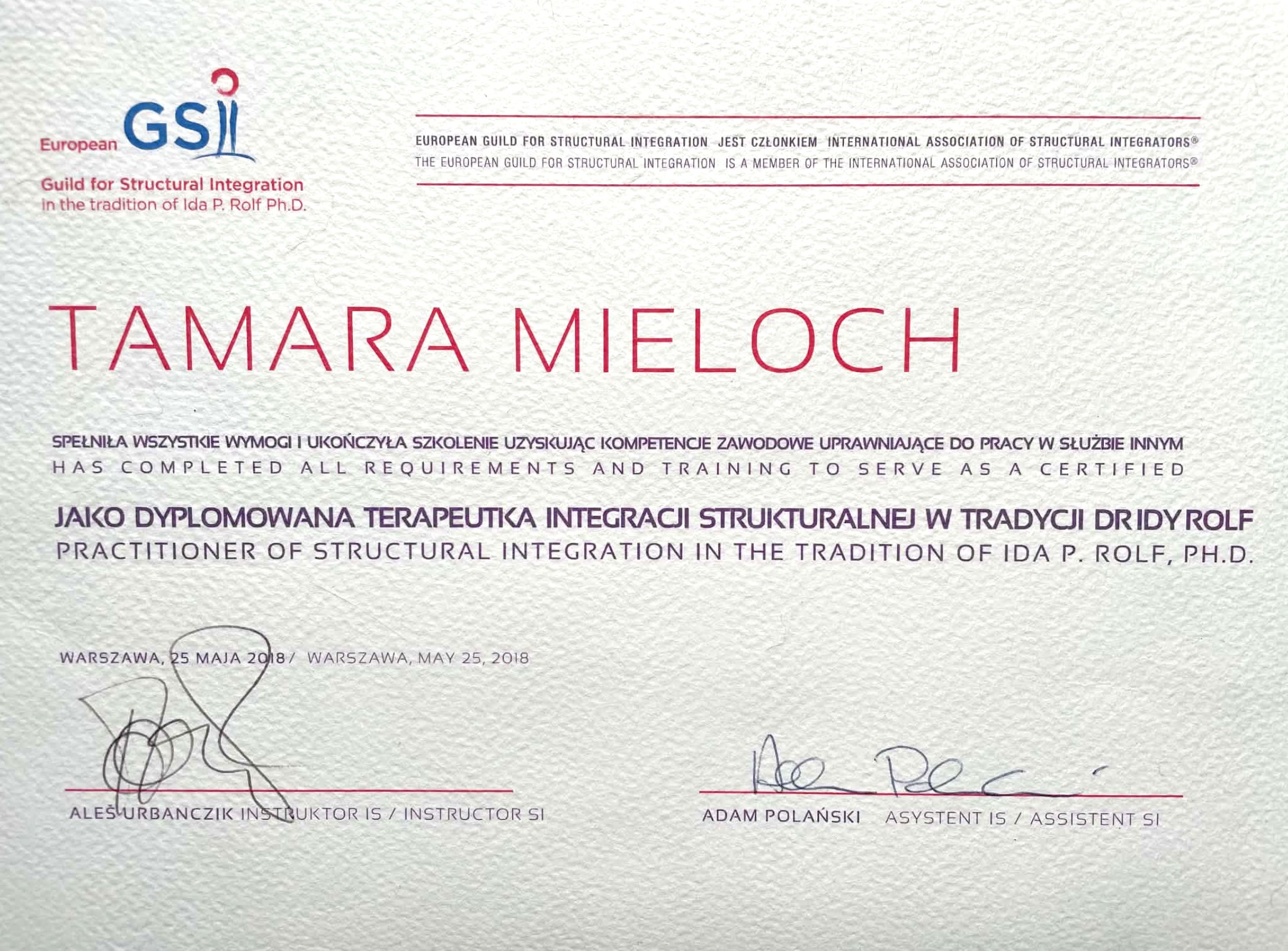 Dyplom Tamary Mieloch – European Guild for Structural Integration, Warszawa 2018